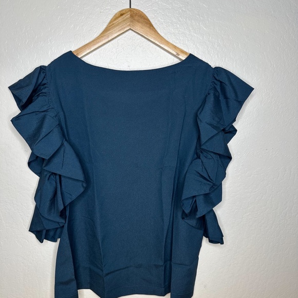 NU CONSTRUCTION Dark Forest Green RUFFLE Sleeve Blouse Size Large NEW - Picture 6 of 10